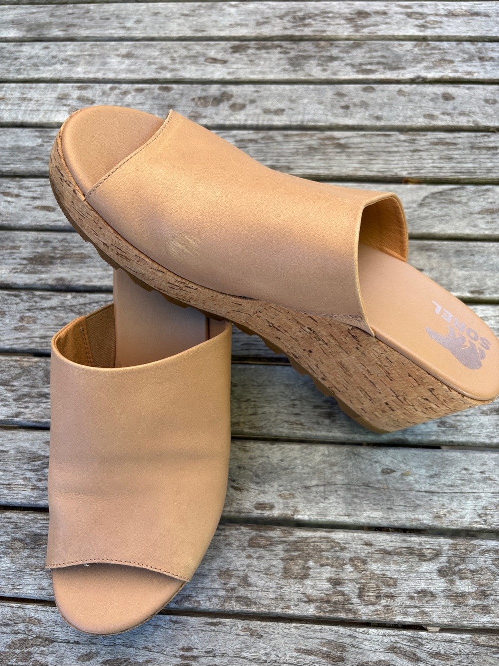 Sorel Leather Cork Platform Wedge Slide Sandals | Tan | Size 12 - Picture 7 of 7